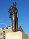 Tabletop bronze statue Sir Barnes Wallis, Life-size bronze monumental sculpture of Sir Barnes Wallis, Dam Busters, WWII inventor bouncing bomb, public monumental sculpture by Tom White placed on Herne Bay Cultural Trail, Kent, England, public portrait memorial statue of Sir Barnes Wallis depicted in Dam Busters movie, figurative portrait bronze commissions, custom public historical bronze monuments, portrait bronze sculptures, figurative portrait bronze statues, historical portrait monuments, find a bronze sculptor