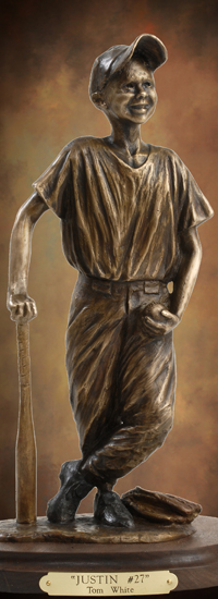 Little League baseball sculptures in bronze, baseball ballpark statues and monuments, sports sculptures, public sports monuments by monumental bronze sculptor, Tom White, bronze sculptures of boys playing baseball, commission sports award trophies, College Baseball Foundation's Brooks Wallace Award for Shortstop Player of the Year designed by Tom White