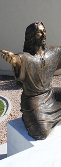 Welcoming Christ life-size bronze Spirit of Joy Church, Gilbert, AZ and Communion bronze sculpture elements, Wash My Feet, Lord Sculpture