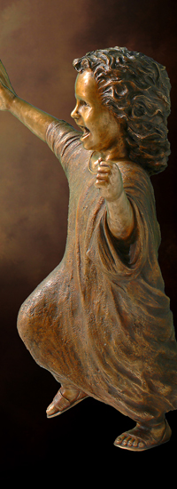 Lifesize bronze statue of toddler little girl in era of Jesus, monumental sculptures of Jesus and children, "Welcome the Children" by Tom White, Christian Monumental Bronze Sculptor, placed at Cavehill Cemetery, Louisville, Kentucky, Urban Community School Cleveland, OH, Christian sculptures, statue of Christ, Jesus welcomes children statues, Jesus Christ sculptures, statues of Jesus, Christ statues, Welcoming Christ, figurative sculptures of children and adults, children running bronze, statues of children playing