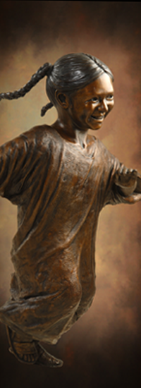 Traditional lifesize bronze statue of Hispanic little girl in era of Jesus, monumental sculptures of Jesus and children, "Welcome the Children" by Tom White, Christian Monumental Bronze Sculptor, placed at Urban Community School Cleveland, OH; Christian sculptures, statue of Christ, Jesus welcomes children statues, Jesus Christ sculptures, statues of Jesus, Christ statues, Welcoming Christ, figurative sculptures of children and adults, children running bronze, statues of children playing, bronze sculptures of Hispanic children