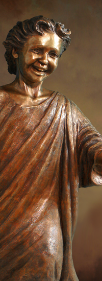Lifesize bronze statue of boy in era of Jesus, monumental sculptures of Jesus and children, "Welcome the Children" by Tom White, Christian Monumental Bronze Sculptor, placed at Cavehill Cemetery, Louisville, Kentucky; Urban Community School Cleveland, OH; St. Luke Catholic Church, Long Valley, NJ; Central College Presbyterian Church, Westerville, OH; Christian sculptures, statue of Christ, Jesus welcomes children statues, Jesus Christ sculptures, statues of Jesus, Christ statues, Welcoming Christ, figurative sculptures of children and adults, children running bronze, statues of children playing