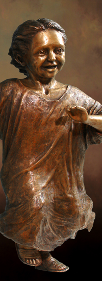 Traditional lifesize bronze statue of little girl in era of Jesus, monumental sculptures of Jesus and children, "Welcome the Children" by Tom White, Christian Monumental Bronze Sculptor, placed at Cavehill Cemetery, Louisville, Kentucky; Urban Community School Cleveland, OH; St. Luke Catholic Church, Long Valley, NJ; Central College Presbyterian Church, Westerville, OH; Christian sculptures, statue of Christ, Jesus welcomes children statues, Jesus Christ sculptures, statues of Jesus, Christ statues, Welcoming Christ, figurative sculptures of children and adults, children running bronze, statues of children playing