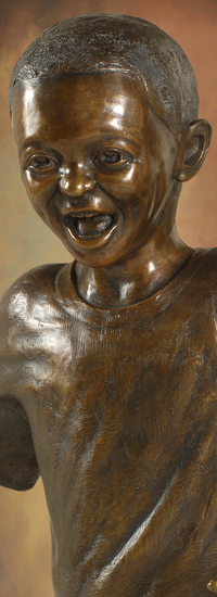 Contemporary figurative bronze sculpture, bronze African-American little boy running with Father, His Hands Church Woodstock, GA, life-size sculptures of children playing, African American father bronze statues, Tom White, Christian monumental bronze sculptor, park statues of children playing, lifesize commemorative bronze portrait sculptures, figurative bronze commissions, family portraits in bronze, modern bronze sculptures children at play