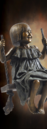 "Sami Swings" - Monumental bronze memorial sculpture of Sami McDonald, statues of Jesus, girl on swing bronze sculpture, Cavehill Cemetery, commemorative lifesize portrait bronze, family memorial bronzes, Christian Sculptor Tom White. Children and Jesus sculptures, lifesize and monumental bronze scenes of children, sculptures of Christ, bronze sculptures of children playing, bronze statues of children for parks, figurative portrait bronze memorials, children statues bronze