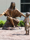 "Christ Our Rock" lifesize monument and tabletop bronze statues by Tom White, Christian Monumental Bronze Sculptor, placed in Tannersville, Pennsylvania and Gatesville, Texas at the Davidson Memorial Prayer Garden Christian sculptures, tabletop Biblical faith-based sculptures, statue of Christ, public monument, statues of Jesus welcoming children, Jesus Christ sculptures, religious monumental bronze sculptures