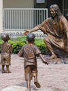 "Christ Our Rock" lifesize monument and tabletop bronze statues by Tom White, Christian Monumental Bronze Sculptor, placed in Tannersville, Pennsylvania and Gatesville, Texas at the Davidson Memorial Prayer Garden Christian sculptures, tabletop Biblical faith-based sculptures, statue of Christ, public monument, statues of Jesus welcoming children, Jesus Christ sculptures, religious monumental bronze sculptures