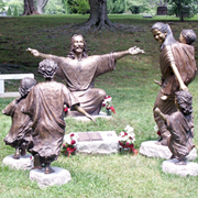 Welcoming Christ  lifesize Jesus Christ sculptures, Tom White, Christian monumental bronze sculptor, statues of Jesus welcomes children, Christ Our Rock life-size statue of Jesus and children, prayer garden statues, inspirational art, Biblical theme art and sculptures, liturgical art, monumental religious bronze sculptures, custom religious commissions, public art monuments, memorial bronze portraits, historical faith-based sculpture scenes, prayer garden statues "Christ Our Rock", "Welcoming Christ", smiling Jesus bronze statues, life-size bronze commissions, spirited hands bronze fountains, family memorial bronze sculptures, bronze sculptures of Jesus; monumental sculptures of Christ, public statues of Christ, angel statues, Jesus swinging little girl portrait bronze commission Cave Hill Cemetery