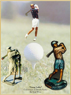 Golf sculptures, bronze sculpture of golfer, PGA Golf sculptures, commission golf award trophy, sports sculptures, bronze portrait golf statues, portrait monumental sculptures of golfers, tabletop golf statues, sculptures of playing golf, lifesize golf player statues for golf courses, Bobby Jones portrait sculpture, young golfer bronze statue, commission a golf sculpture