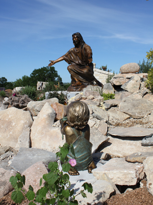  "Christ Our Rock" lifesize monumental statues of Jesus and children, tabletop bronze sculptures of Jesus, Tom White, Christian Sculptor,Tannersville, Pennsylvania Our Lady of Victory Church, Davidson Memorial Prayer Garden Gatesville, TX, Christian sculptures, tabletop Biblical faith-based sculptures, statues of Christ, public monuments, statues of Jesus welcoming children, Jesus Christ sculptures, religious monumental bronze sculptures, liturgical statues, inspirational gifts, sculptures Jesus in the garden of gethsemane, bronze communion sculptures, wash disciples feet sculpture scene