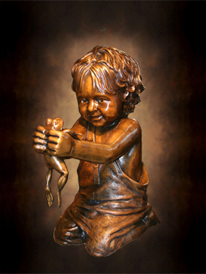 Lifesize portrait bronze memorial sculpture of little boy with a frog placed in the Children's Park Tyler, Texas, family and public monumental sculptures scenes by Tom White, monumental bronze sculptor, figurative portrait bronze memorials, sculptures of children playing, bronze portrait statues of children